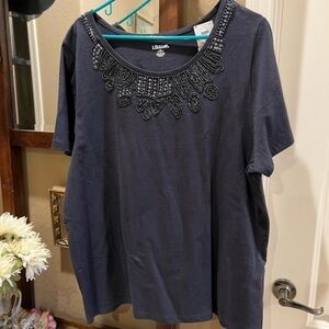 Liz & Me 2X Navy Top Shirt Blouse Womens Stretch Knit